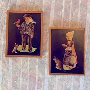 2 vintage small art prints on wood